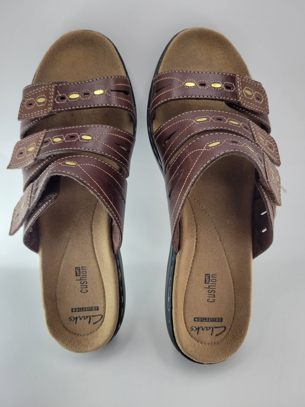 Clarks Women's Brown Leather Three-Strap Slide Sandals - Picture 4 of 8